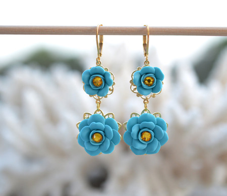 Bianca Double Roses Statement Earrings in Turquoise Blue with Yellow Crystals