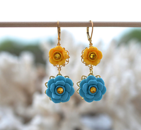 Bianca Double Roses Statement Earrings in Turquoise Blue and Golden Yellow 