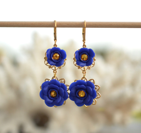 Bianca Double Roses Statement Earrings in Cobalt Blue with Yellow Crystal Center.
