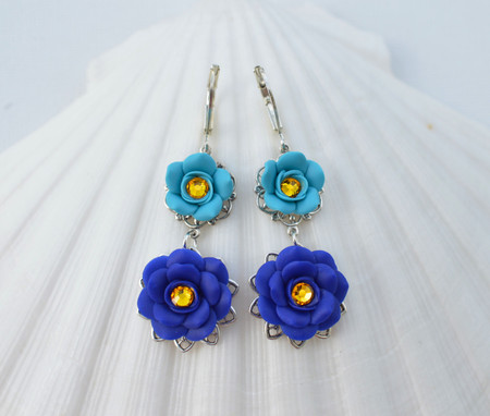 Bianca Double Roses Statement Earrings in Turquoise and Cobalt Blue