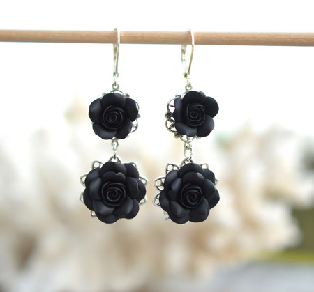 Mardy Double Roses Statement Earrings in Black 