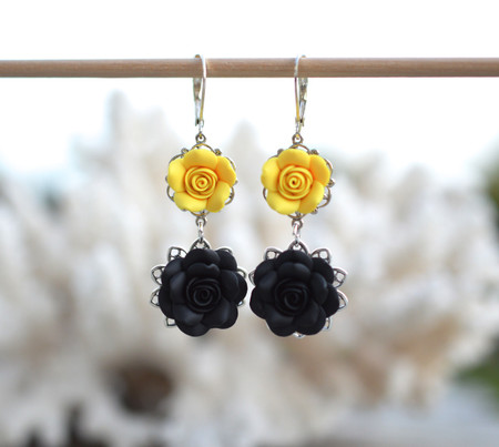 Mardy Double Roses Statement Earrings in Black and Sunshine Yellow