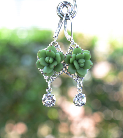 Beatrice Statement Earrings in Green Succulent With Crystals