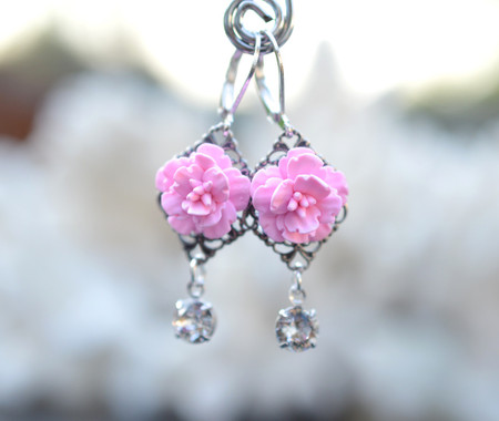 Beatrice Statement Earrings in Pink Cherry Blossom With Crystals