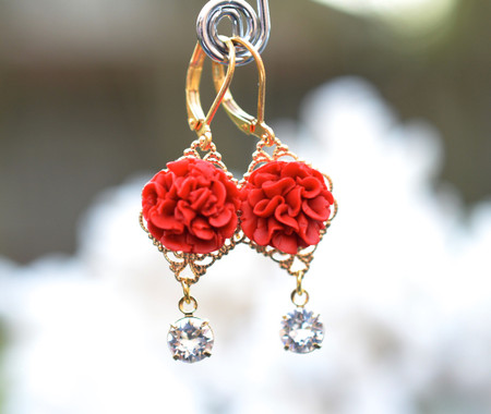 Beatrice Statement Earrings in Red Carnation With Crystals