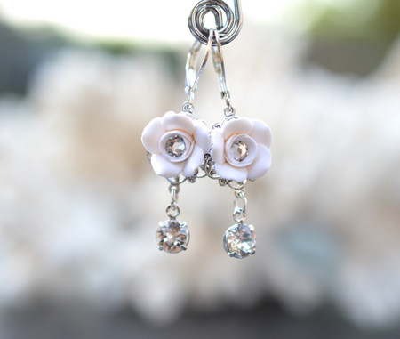 Annamarie Rose Statement Earrings in White Rose with Crystals