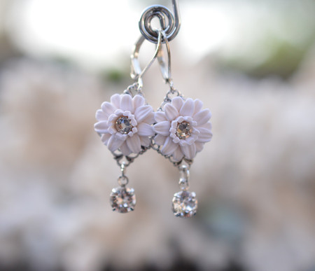 Annamarie Rose Statement Earrings in White Gerbera with Swarovski Crystals