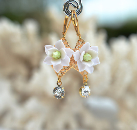 Beatrice Statement Earrings in White Magnolia With Crystals