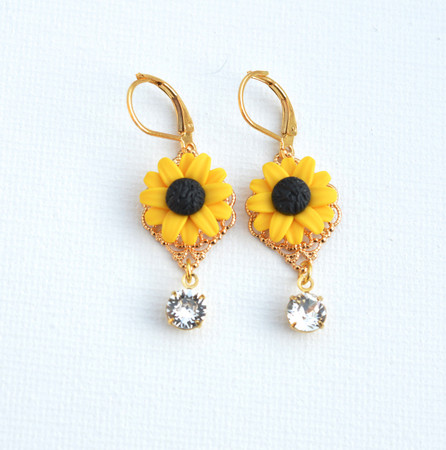 Beatrice Statement Earrings in Golden Yellow Sunflowers With Crystals
