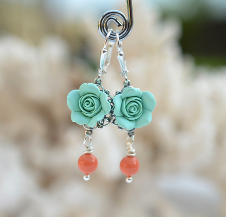 Tamara Statement Earrings in Mint Rose with Coral Pearls.