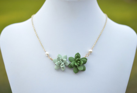 Double Succulent Centered Necklace in Pale Green and Fresh Green