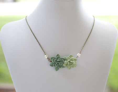 Double Succulent Centered Necklace in Dusty Mint Green and Light Pale Green