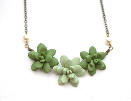 Trio Succulent Centered Necklace in Sage Green and Light pale Green