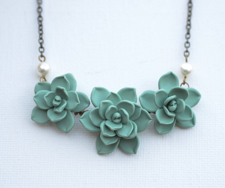 Trio Succulents Centered Necklace in Dusty Mint