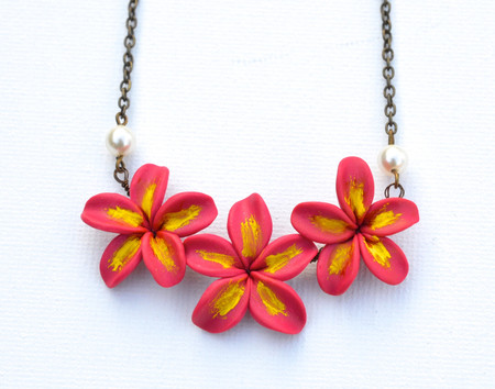 Trio Plumeria/Frangipani Centered Necklace in Deep Pink and Yellow