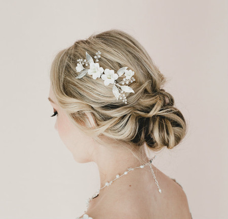 Claudia Bridal Hair Comb in White Magnolia with Brass Leaves