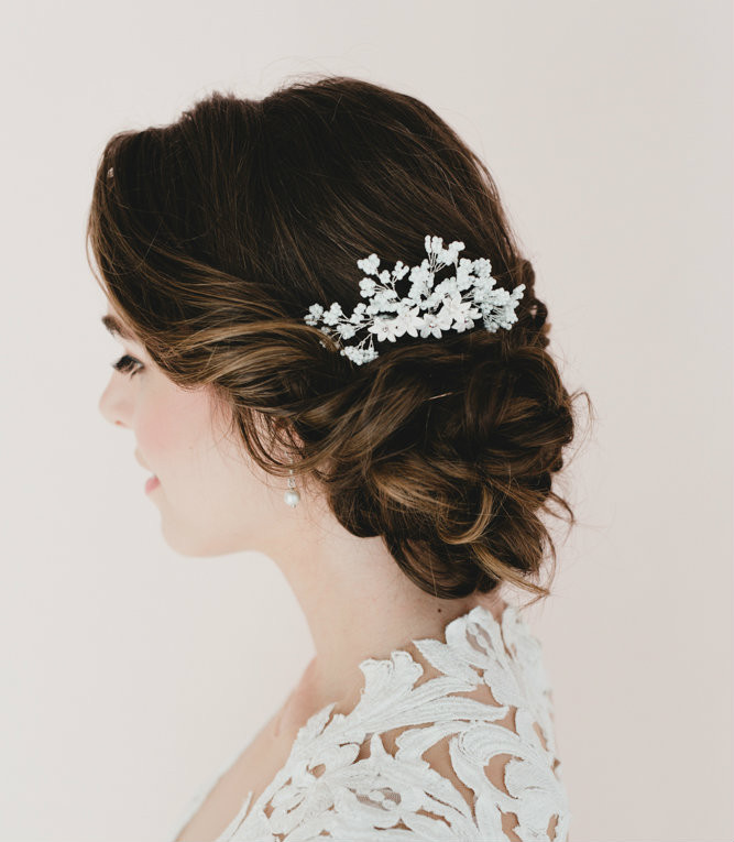 Tania Bridal Hair Comb Baby Breath and White Flower Blossom.