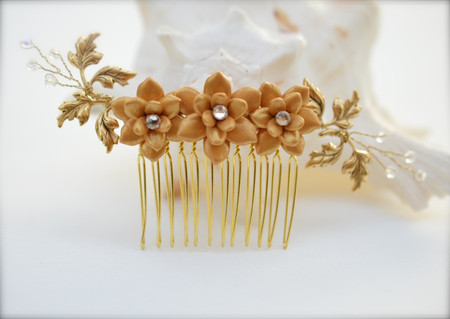 Naomi Bridal Hair Comb in Trio Gold Succulent and Gold Brass Leaves