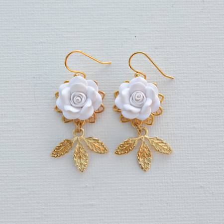 Kate Statement Earrings in White Rose and Leaves