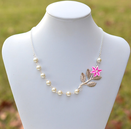 Amira Asymmetrical Necklace in Pink Stargazer Lily and Metal Branch. FREE EARRINGS