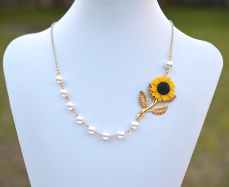 Amira Asymmetrical Necklace in Golden Yellow Sunflower and Metal Branch. FREE EARRINGS