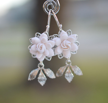 Kate Bridal Statement Earrings in White Gardenia and Brass Leaves