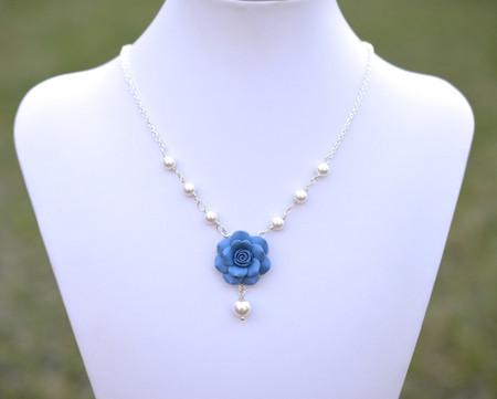 Hannah Centered Necklace in Dusty Blue Rose and Pearls