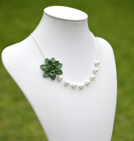 Green succulent Asymmetrical Necklace.Free Pearls Earrings