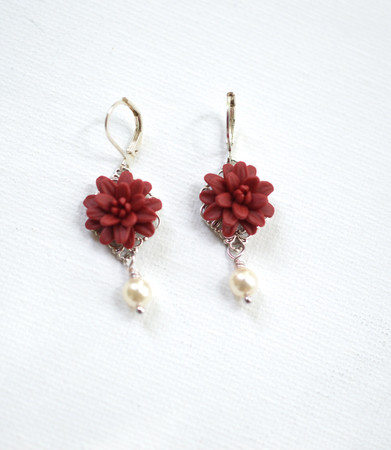 Richelle Statement Earrings in Red Garnet Dahlia With Pearls