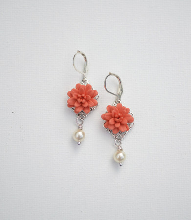 Richelle Statement Earrings in Coral Dahlia With Pearls