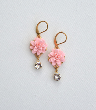 Beatrice Statement Earrings in Blush Pink Dahlia and Swarovski Crystals