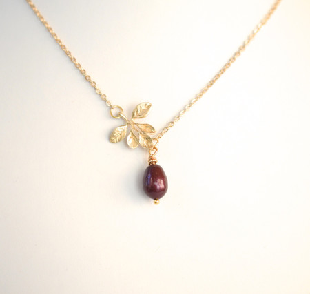 Gold Leaves Branch and Pearl  Necklace