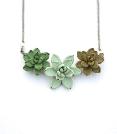 Fresh Green Pale Green and Deep Olive Trio Succulents Centered Necklace