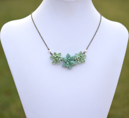 Pale Green and Dusty Mint Trio Succulents Centered Necklace.