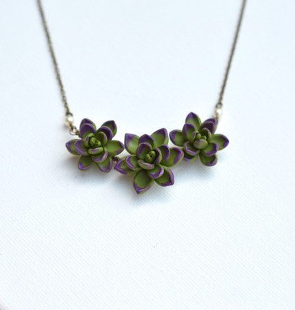 Deep Green and Purple  Trio Succulent Centered Necklace. 