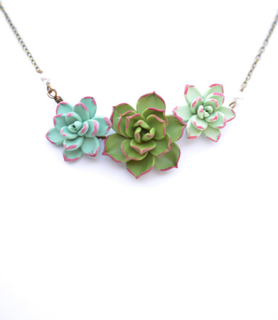 Dusty Mint, Olive Green and Pale Green With Red Tips Trio Succulent Centered Necklace. 
