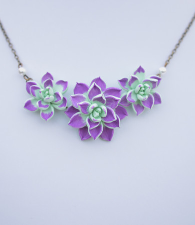 Trio Light Mint Green-Purple Succulent Centered Necklace-2