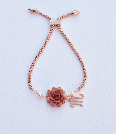 DARLENE Adjustable Sliding Bracelet in Rose Gold  Flower with Initial