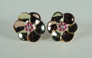 Retro Rose Gold Ruby and Diamond Earrings