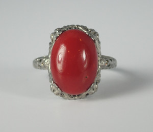 On Sale Large Red Coral Ring 14kt White Gold