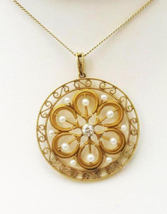 Late Victorian 14kt Pearl & Diamond Filigree Pendant on 26" Chain