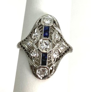 Art Deco Platinum Diamond & Sapphire Elongated Filigree Ring