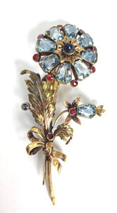 14kt Aquamarine, Ruby and Sapphire Bouquet Brooch