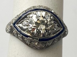 Art Deco 1.80 ctw. Old European Cut Diamond Sapphire Platinum Engagement Ring