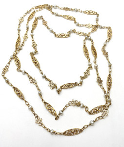 18kt Yellow Gold and Natural Pearl French Filigree Necklace