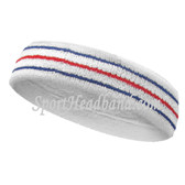 Blue red blue line in white tennis headband terry cloth