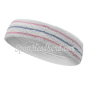Pink sky blue pink lines in white tennis headband terry cloth