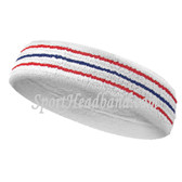 Red blue red lines in white tennis headband terry cloth