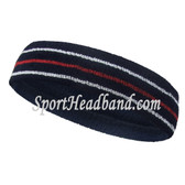 White Red White Lines in Navy Blue Tennis Headband Terry Cloth