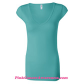 Teal Ladies' Sheer Mini Rib Cap Sleeve V-Neck T-Shirt